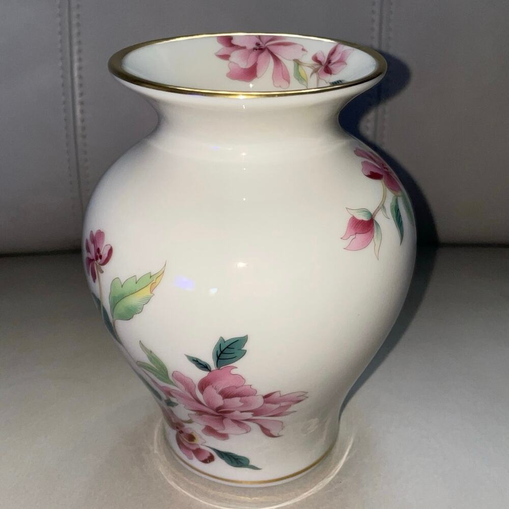 Vintage Lenox Barrington Pink Floral Vase - 24K Gold Trim Fine Ivory Porcelain